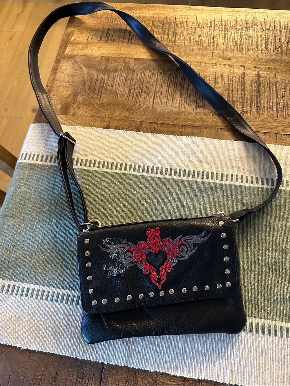 Black Leather Crossbody Bag with Red Heart Embroidery